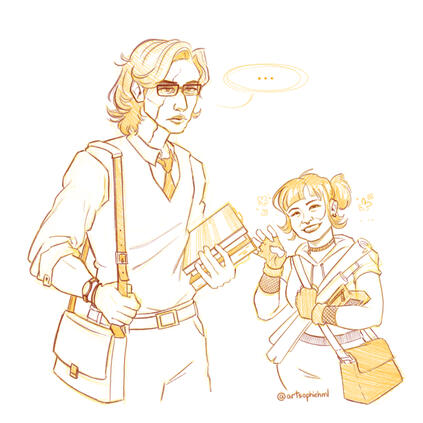 lineart (sketchy), waist-up. two characters.